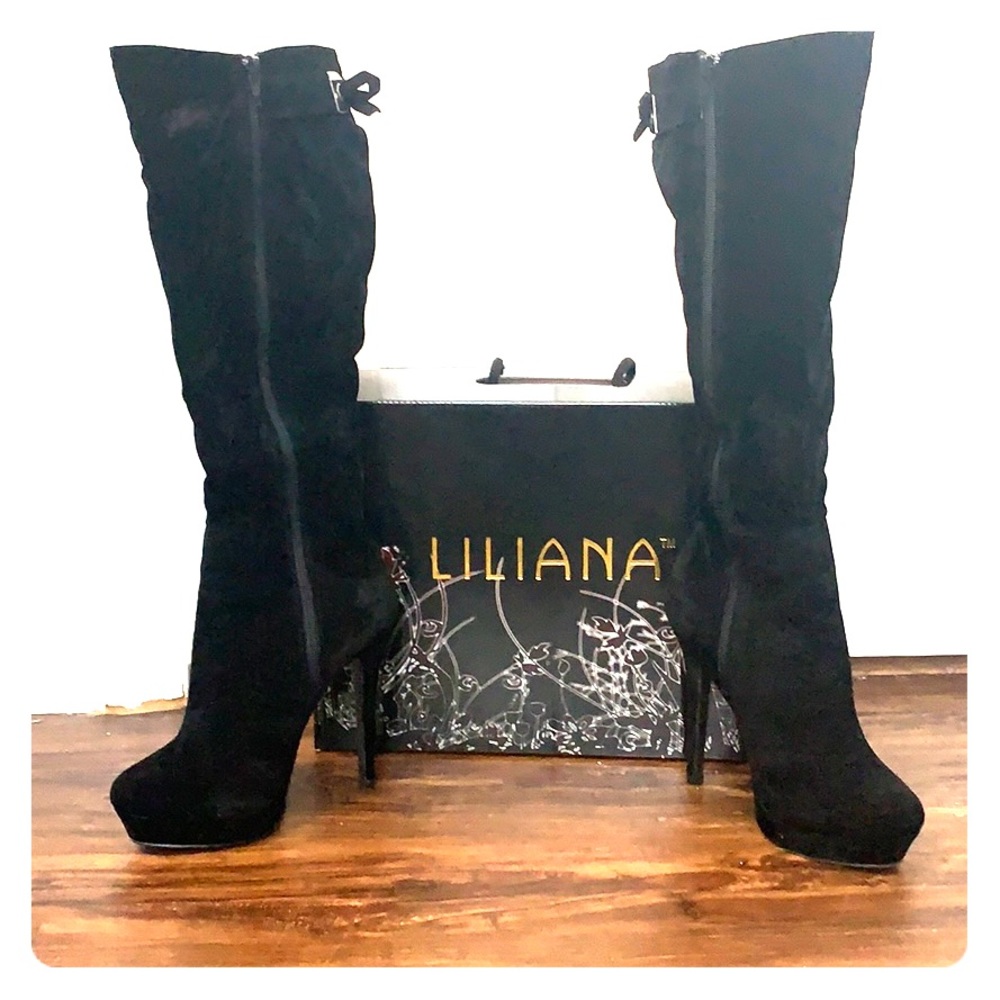 Black stiletto platform knee high suede boots